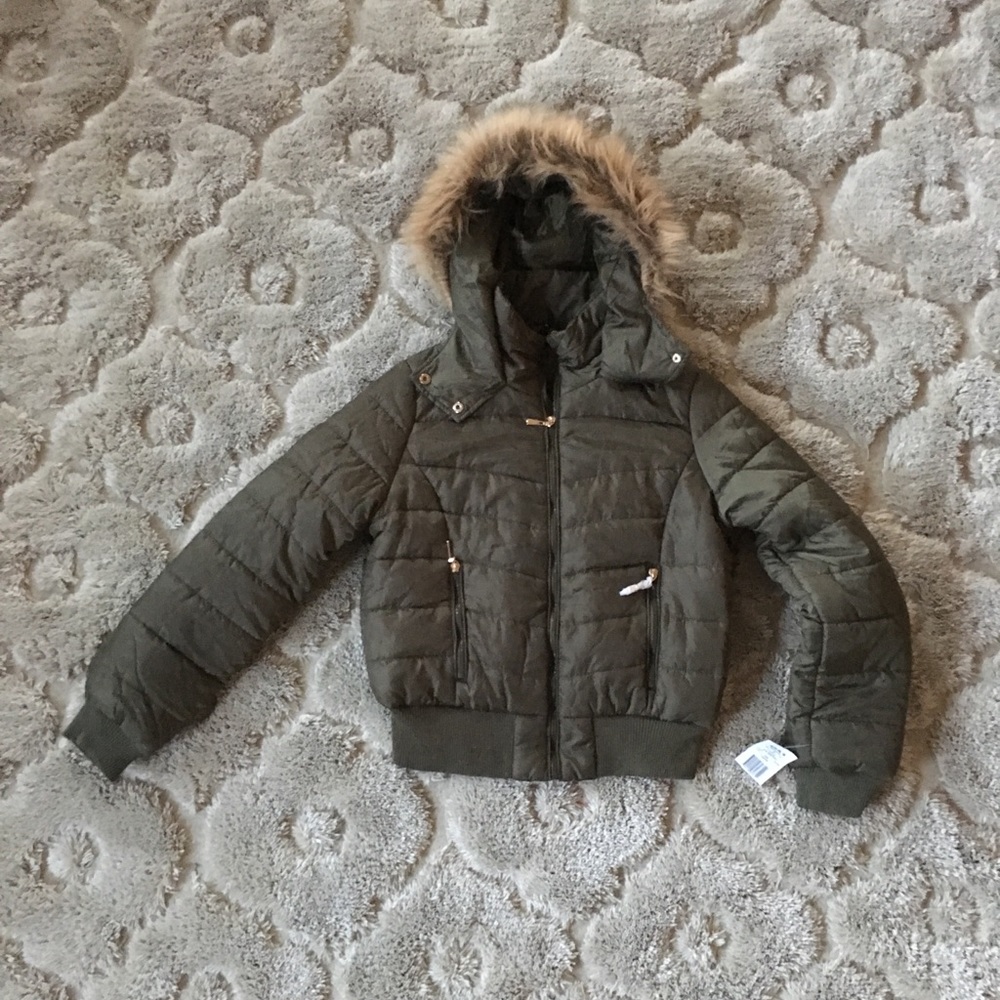 J2 Kohl’s Puffer Winter Coat Olive Camo Green Fur